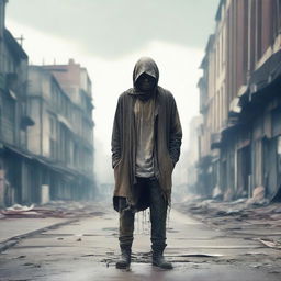 A hyper-realistic digital artwork of a destitute individual in tattered clothes, standing against a blurred cityscape