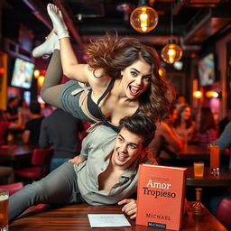 A young woman falling onto a young man in a lively bar scene, capturing a playful, romantic moment