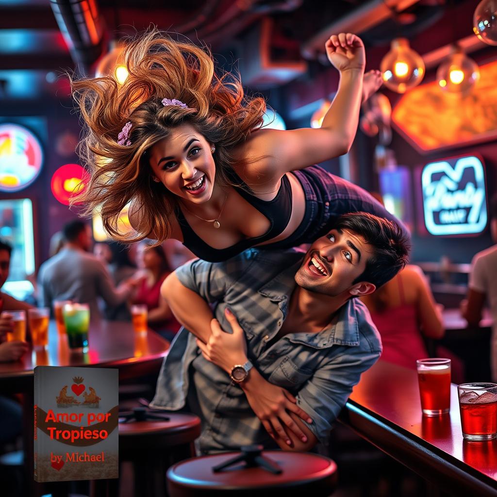 A young woman falling onto a young man in a lively bar scene, capturing a playful, romantic moment