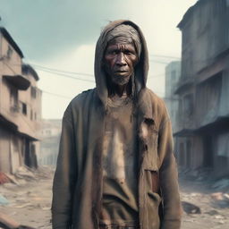 A hyper-realistic digital artwork of a destitute individual in tattered clothes, standing against a blurred cityscape