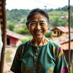 A humble and charming Colombian woman with a warm smile, embodying simplicity and grace