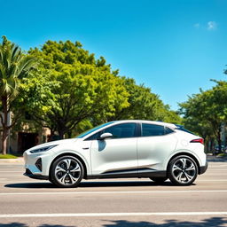 A beautiful white electric car showcasing a sleek, modern design with the LY logo prominently displayed