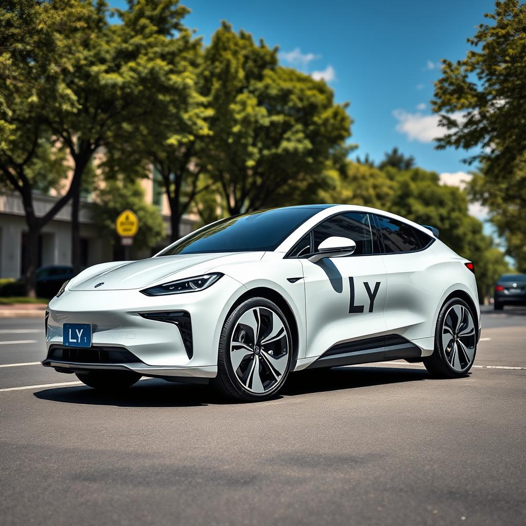 A beautiful white electric car showcasing a sleek, modern design with the LY logo prominently displayed