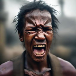 A hyper-realistic digital artwork of an impoverished individual crying and screaming