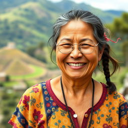 A down-to-earth Colombian woman aged between 35 and 40, embodying simplicity and charm