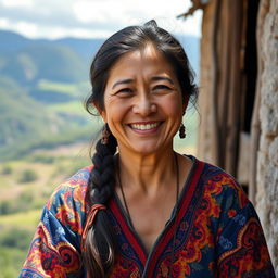 A down-to-earth Colombian woman aged between 35 and 40, embodying simplicity and charm