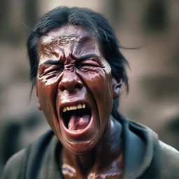 A hyper-realistic digital artwork of an impoverished individual crying and screaming