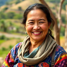 A down-to-earth Colombian woman aged between 35 and 40, embodying simplicity and charm