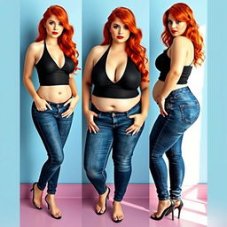 A series of three full-length photos featuring a beautiful, sexy, curvy woman with long flame red hair and bright, striking makeup
