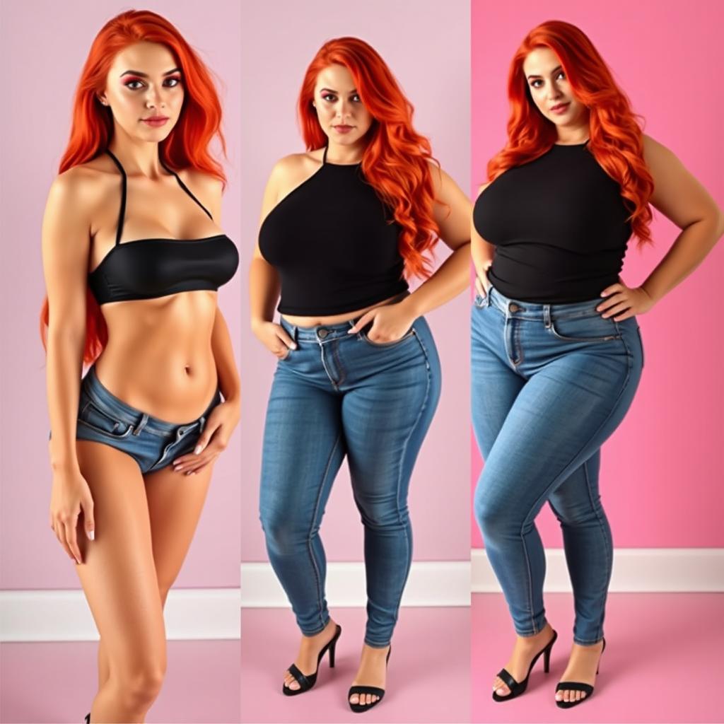 A series of three full-length photos featuring a beautiful, sexy, curvy woman with long flame red hair and bright, striking makeup