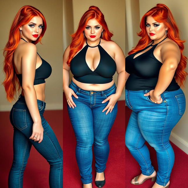 A series of three full-length photos featuring a beautiful, sexy, curvy woman with long flame red hair and bright, striking makeup