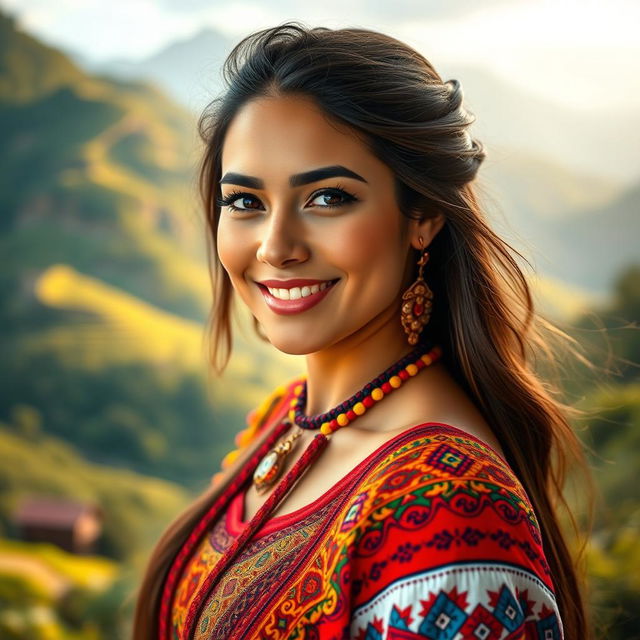 A beautiful Colombian woman showcasing her cultural identity, dressed in traditional attire that features vibrant colors and intricate patterns