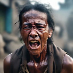 A hyper-realistic digital artwork of an impoverished individual crying and screaming