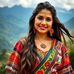 A beautiful Colombian woman showcasing her cultural identity, dressed in traditional attire that features vibrant colors and intricate patterns