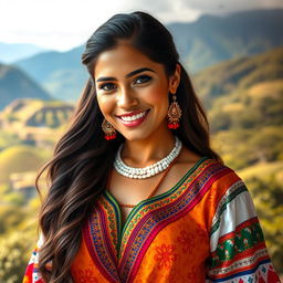 A beautiful Colombian woman showcasing her cultural identity, dressed in traditional attire that features vibrant colors and intricate patterns