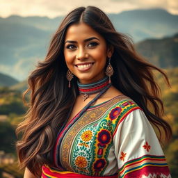 A beautiful Colombian woman showcasing her cultural identity, dressed in traditional attire that features vibrant colors and intricate patterns