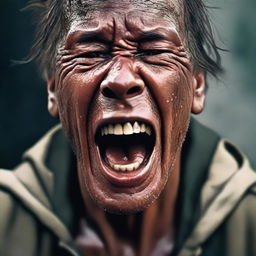 A hyper-realistic digital artwork of an impoverished individual crying and screaming