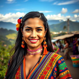 A striking Colombian woman with vibrant features, showcasing her cultural heritage
