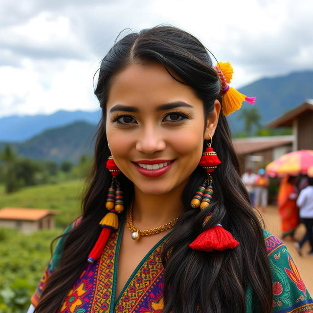 A striking Colombian woman with vibrant features, showcasing her cultural heritage