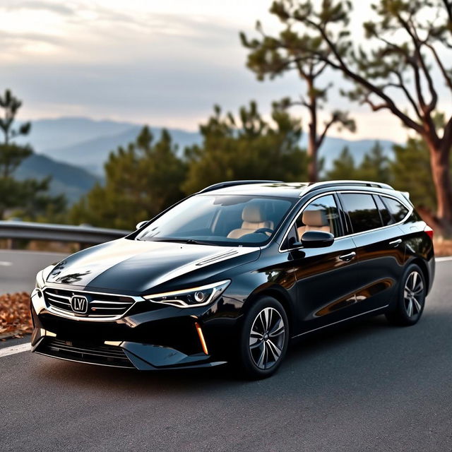 A beautiful, large but not overly large black family car featuring the logo 'LY'