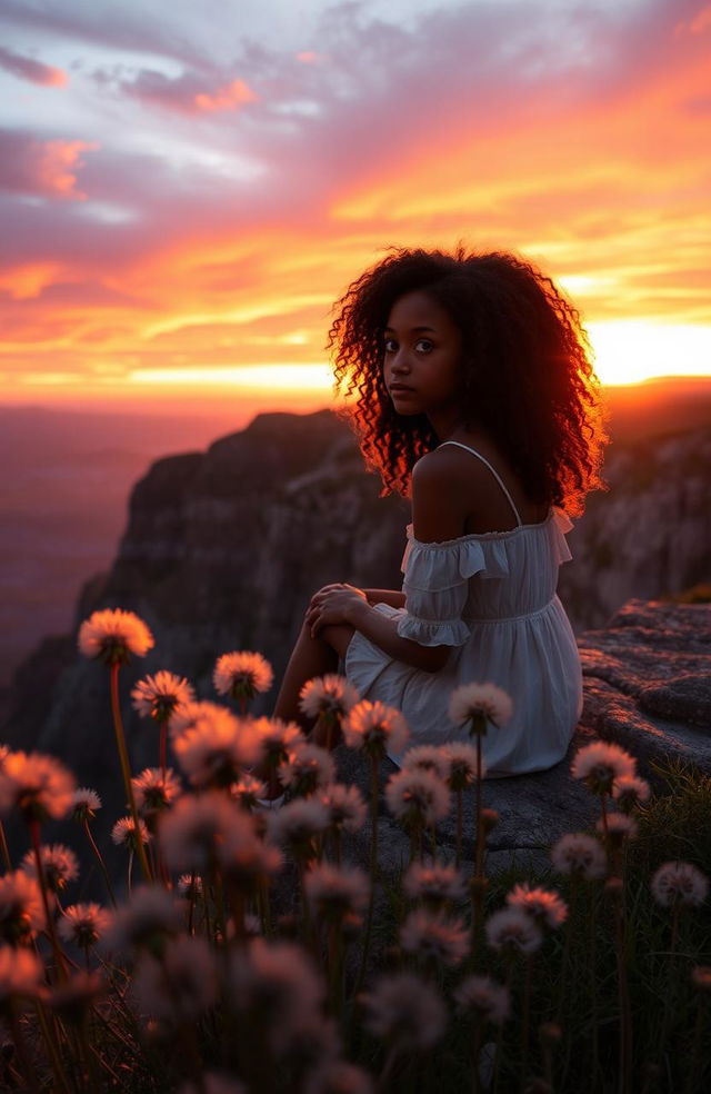 A breathtaking sunset view with vibrant oranges and purples in the sky, silhouetted against a rugged cliff covered in blooming dandelions