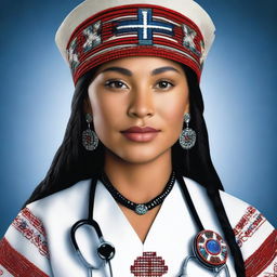 A high-quality, photo-realistic image of a charming young woman of Native American descent, dressed in traditional attire and a nurse's uniform