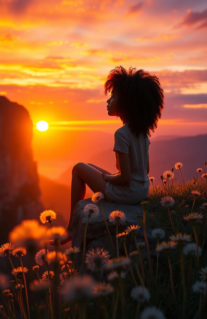 A breathtaking sunset view with vibrant oranges and purples in the sky, silhouetted against a rugged cliff covered in blooming dandelions