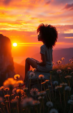 A breathtaking sunset view with vibrant oranges and purples in the sky, silhouetted against a rugged cliff covered in blooming dandelions