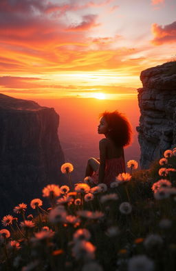 A breathtaking sunset view with vibrant oranges and purples in the sky, silhouetted against a rugged cliff covered in blooming dandelions