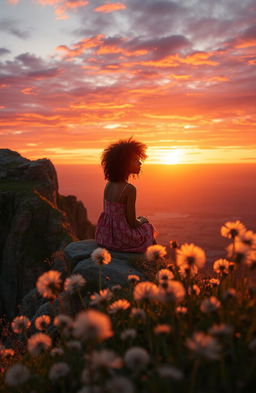 A breathtaking sunset view with vibrant oranges and purples in the sky, silhouetted against a rugged cliff covered in blooming dandelions