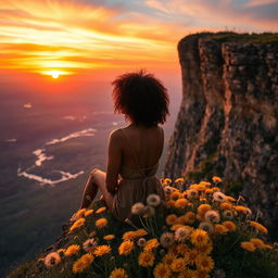 A stunning sunset view featuring a rugged cliff adorned with a vibrant carpet of dandelions