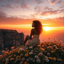 A stunning sunset view featuring a rugged cliff adorned with a vibrant carpet of dandelions