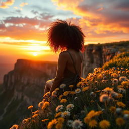 A stunning sunset view featuring a rugged cliff adorned with a vibrant carpet of dandelions