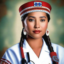 A high-quality, photo-realistic image of a charming young woman of Native American descent, dressed in traditional attire and a nurse's uniform