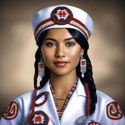 A high-quality, photo-realistic image of a charming young woman of Native American descent, dressed in traditional attire and a nurse's uniform