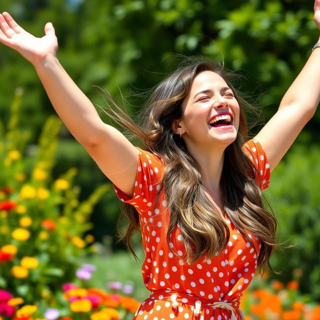 A joyful woman in her 30s, with long flowing hair, laughing heartily with her arms raised in an expression of pure delight