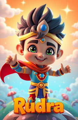 A vibrant and colorful 3D cartoon of Rudra, a special super boy