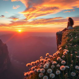 A beautiful sunset view showcasing a dramatic cliff adorned with an abundance of dandelions