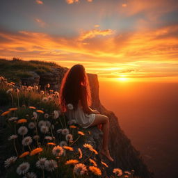 A beautiful sunset view showcasing a dramatic cliff adorned with an abundance of dandelions