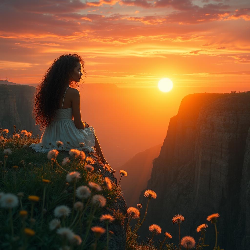 A beautiful sunset view showcasing a dramatic cliff adorned with an abundance of dandelions