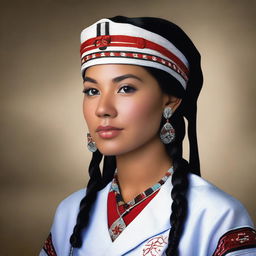 A high-quality, photo-realistic image of a charming young woman of Native American descent, dressed in traditional attire and a nurse's uniform