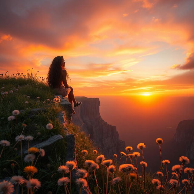 A beautiful sunset view showcasing a dramatic cliff adorned with an abundance of dandelions