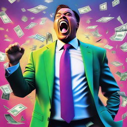 A hyper-realistic digital artwork of a wealthy individual in a suit, yelling in joy as they are showered with money