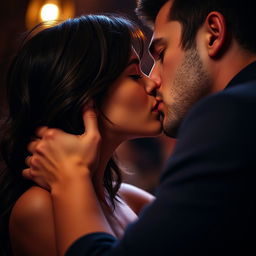 A close-up scene featuring a passionate French kiss between two adults in an intimate setting
