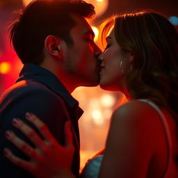 A close-up scene featuring a passionate French kiss between two adults in an intimate setting