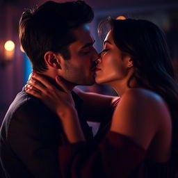 A close-up scene featuring a passionate French kiss between two adults in an intimate setting