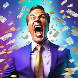 A hyper-realistic digital artwork of a wealthy individual in a suit, yelling in joy as they are showered with money