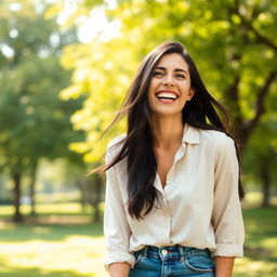 A joyful woman in her 30s laughing heartily, her long dark hair flowing loosely around her shoulders