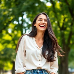 A joyful woman in her 30s laughing heartily, her long dark hair flowing loosely around her shoulders