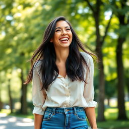 A joyful woman in her 30s laughing heartily, her long dark hair flowing loosely around her shoulders